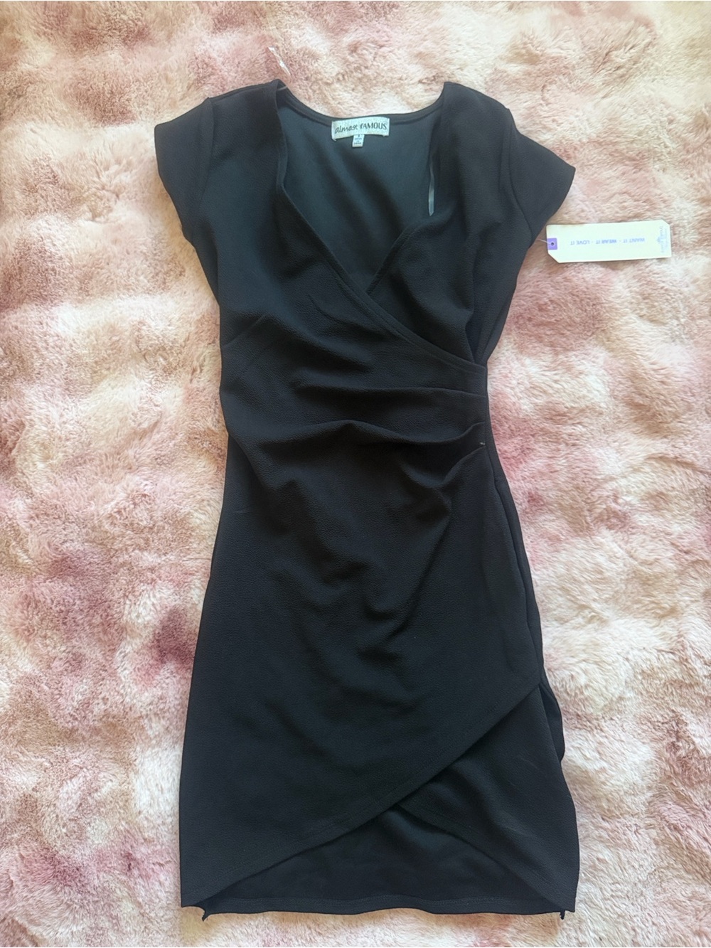Black Wrap-Front Cap Sleeve Dress